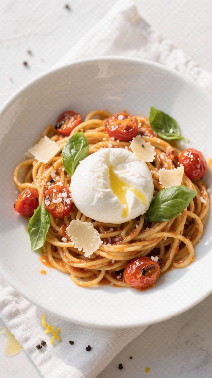 Final dish overhead: Roasted cherry tomato pasta with burrata, twirled spaghetti in a wide white bow