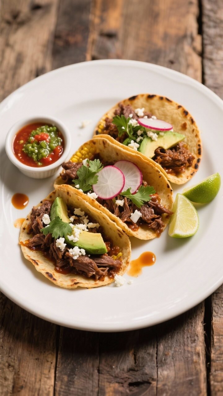 Final dish overhead: Street-style tacos de shredded beef arranged on a warm, slightly charred corn t