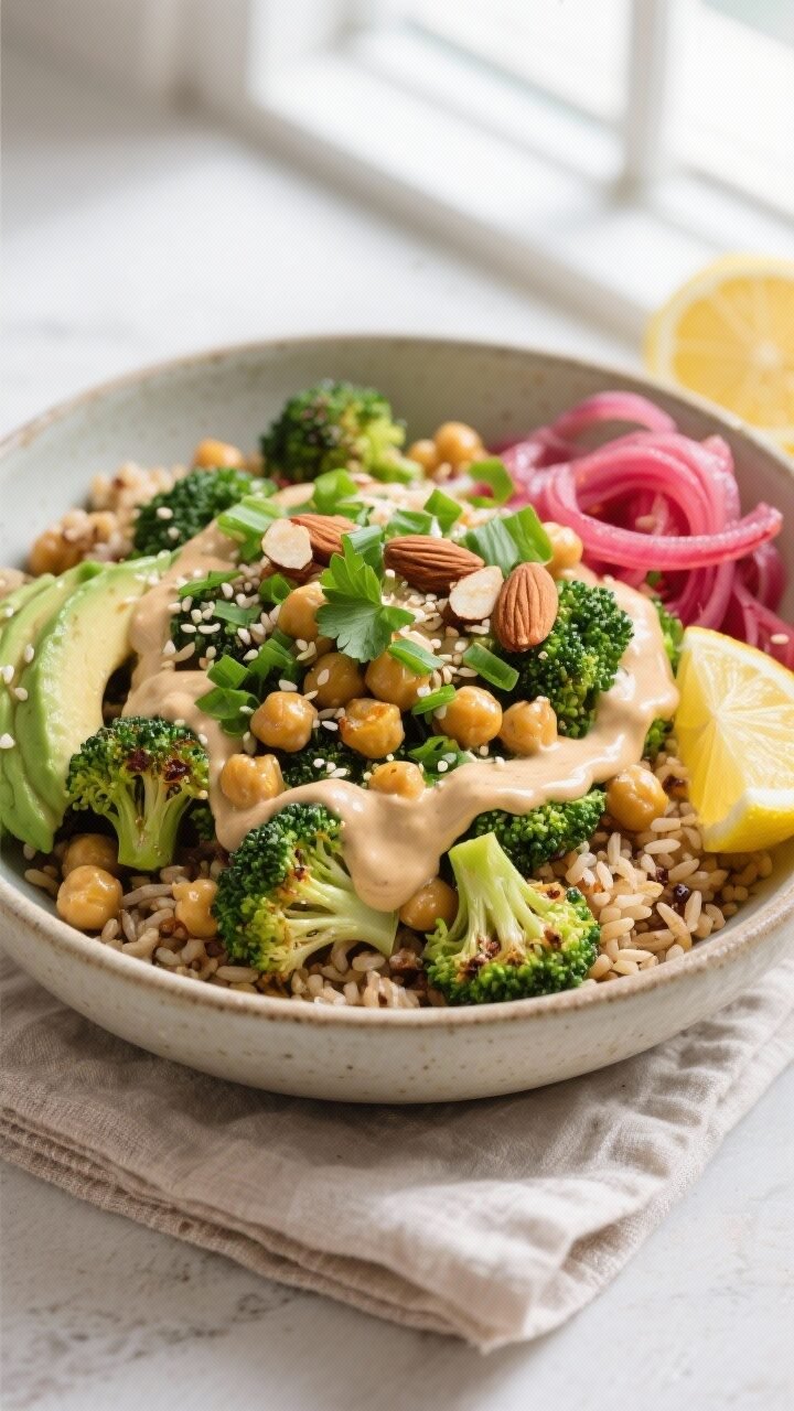 Final dish, overhead: Top-down shot of a composed Roasted Broccoli and Chickpea Bowl layered over wa