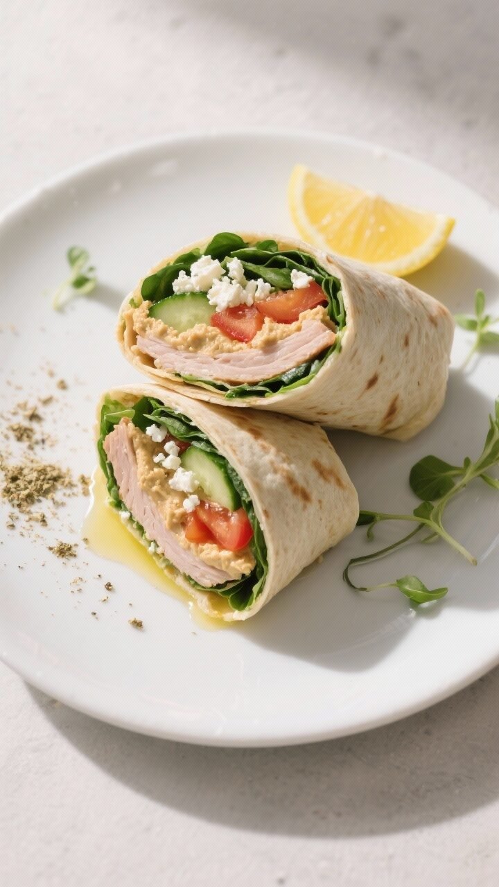Final dish overhead: two Turkey & Hummus Wrap halves sliced on a diagonal, tightly rolled and neatly
