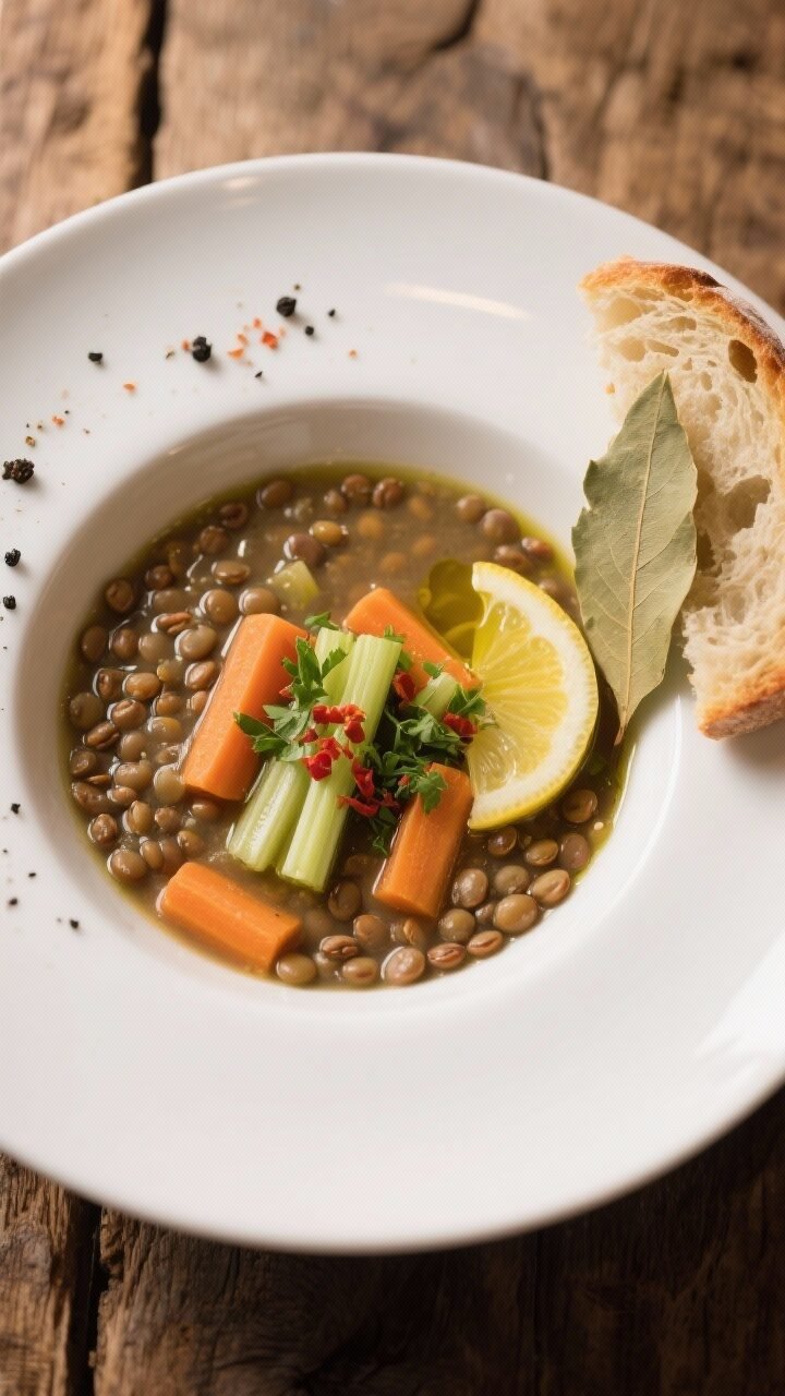 Final dish, tasty top view: Overhead shot of a beautifully plated bowl of lentil soup with carrots a