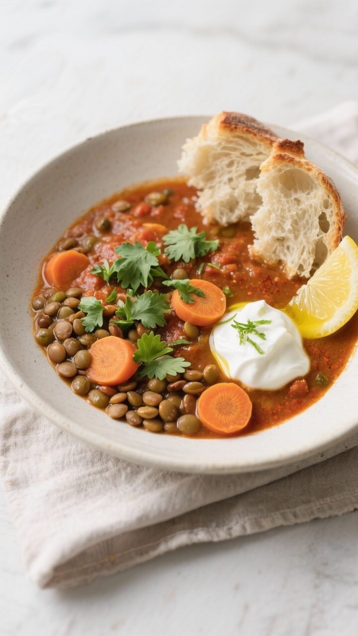 Final dish, tasty top view: Overhead shot of a bowl of Spiced Lentil & Carrot Stew plated in a wide,