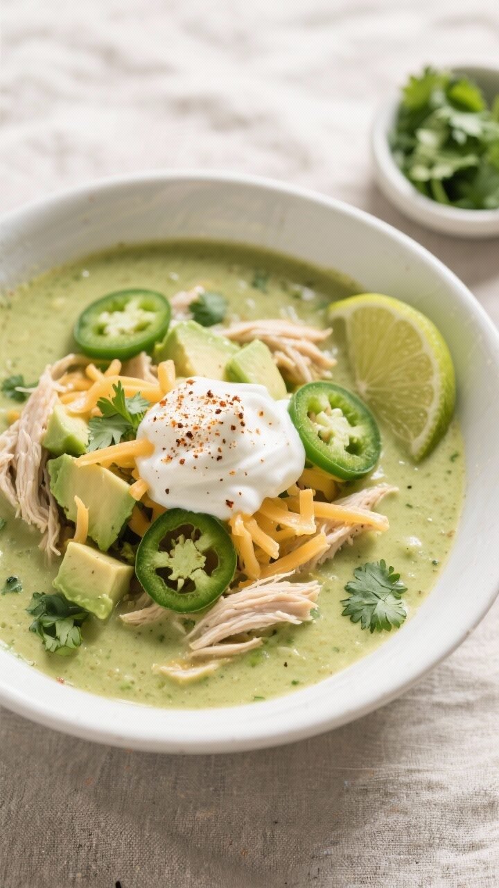 Final dish, tasty top view: Overhead shot of a bowl of Low-Carb Chicken Poblano Soup finished and ga