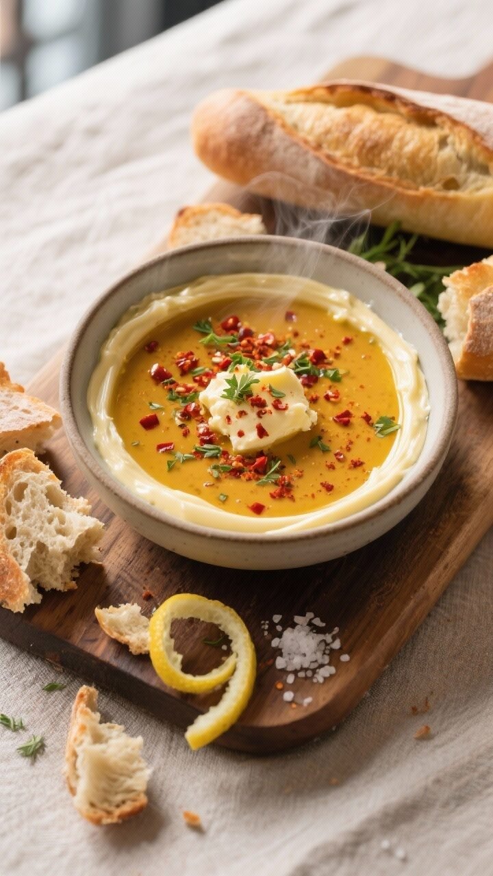 Final dish, tasty top view: Overhead shot of a rustic board featuring a warm bowl of cowboy butter d