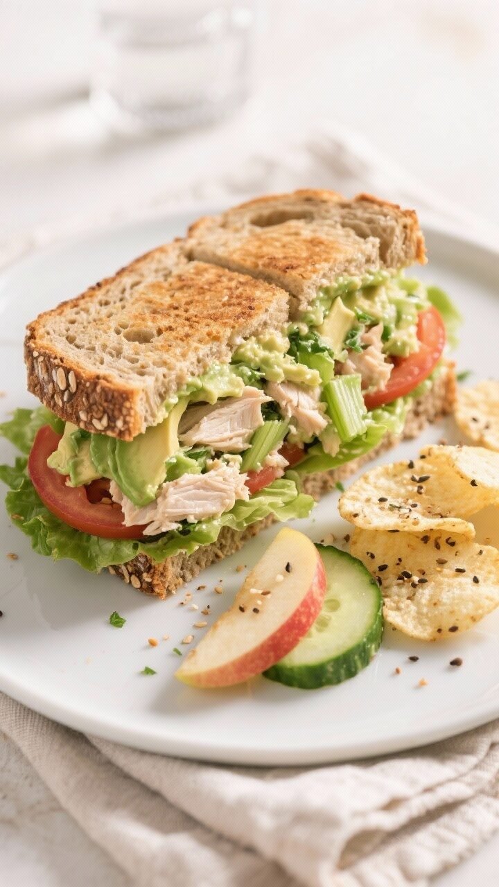 Final dish, tasty top view: Overhead shot of a toasted multigrain Avocado Chicken Salad Sandwich cut