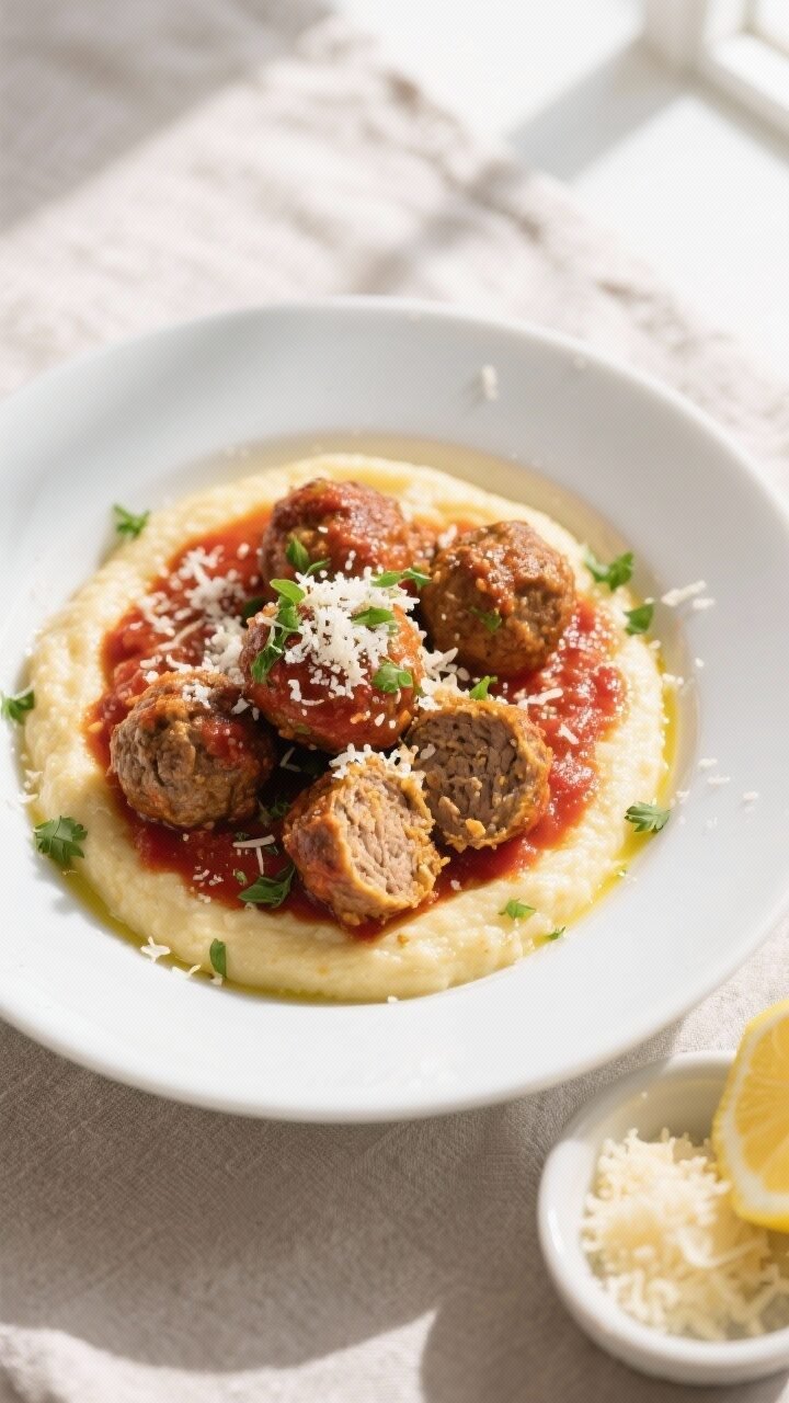 Final dish, tasty top view: Overhead shot of Classic Parmesan Meatballs piled over creamy polenta in