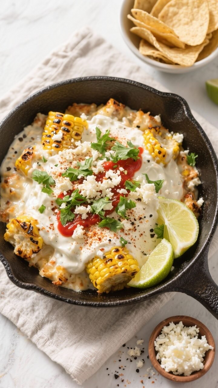 Final dish, tasty top view: Overhead shot of creamy Mexican Street Corn Skillet served warm in a bla