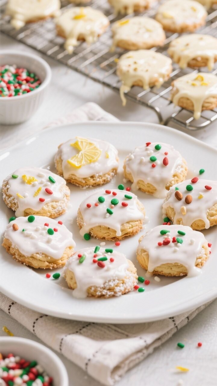 Final dish, tasty top view: Overhead shot of glazed Italian ricotta Christmas cookies arranged on a 