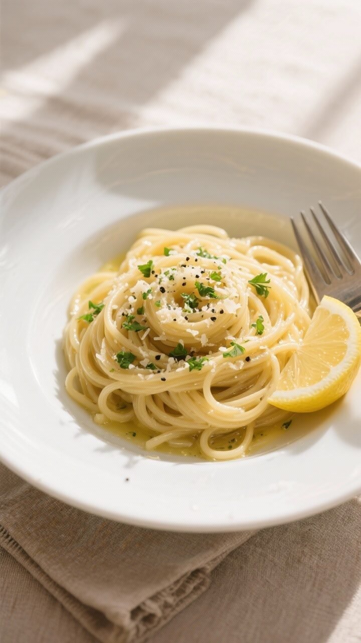 Final dish, tasty top view: Overhead shot of spaghetti in garlic butter sauce twirled into neat nest