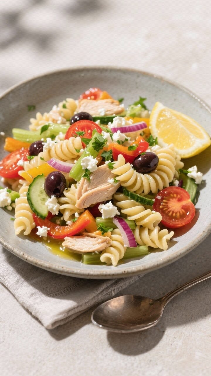 Final dish, top-down presentation: Restaurant-quality overhead shot of the completed cold pasta sala