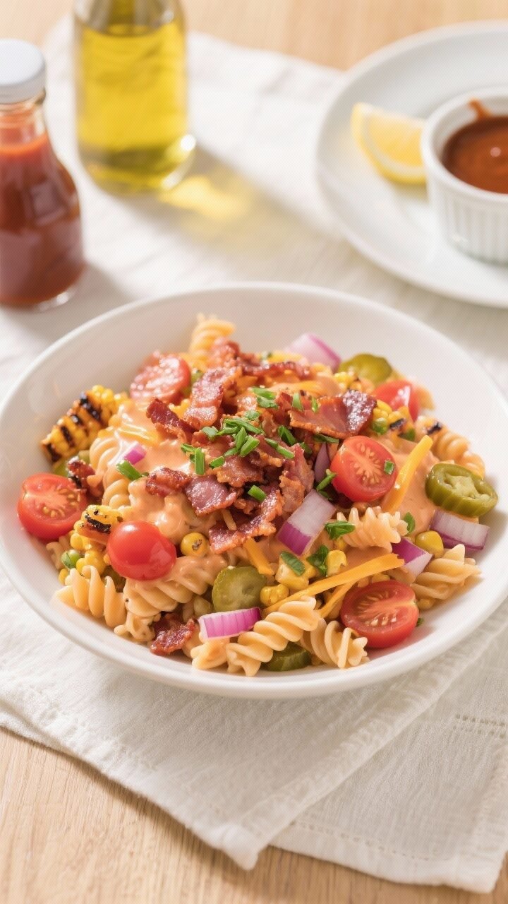 Final dish, top-view: Overhead shot of BBQ Bacon Pasta Salad in a wide, shallow white bowl—al dent