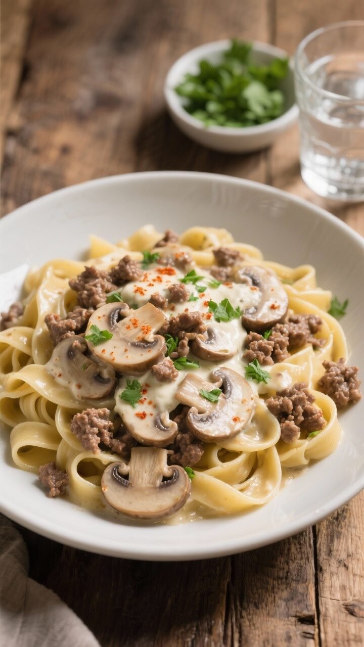 Final dish, top view: Overhead shot of classic ground beef stroganoff tossed with wide egg noodles, 