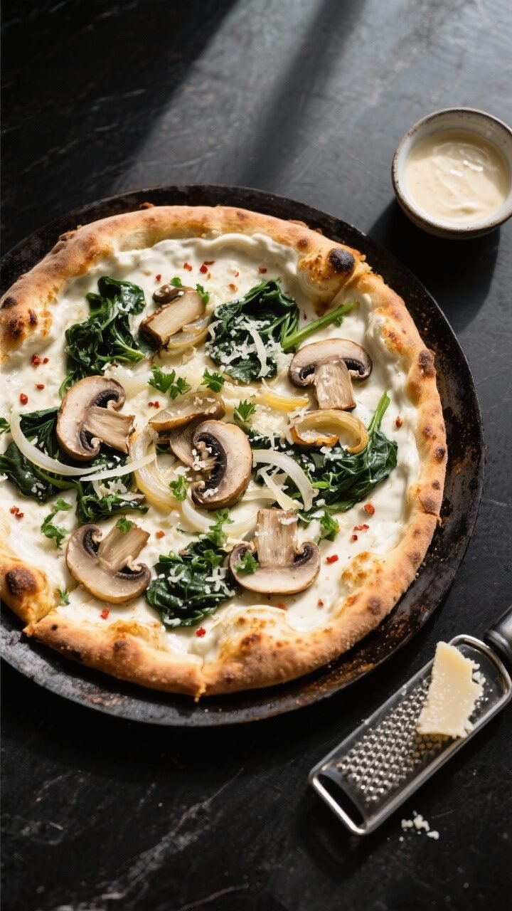 Final pizza presentation, overhead: A 12-inch white garlic sauce pizza just out of the oven on a dar