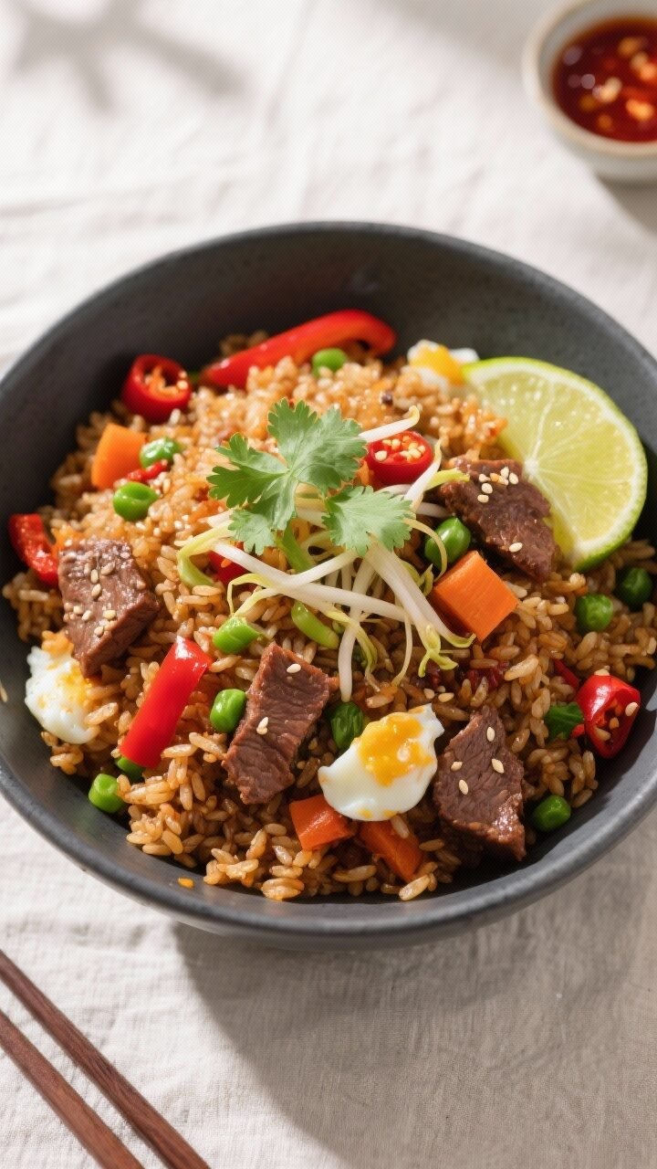 Final plated — bold, vibrant, and garnish-forward: Overhead shot of a heaping bowl of spicy beef f