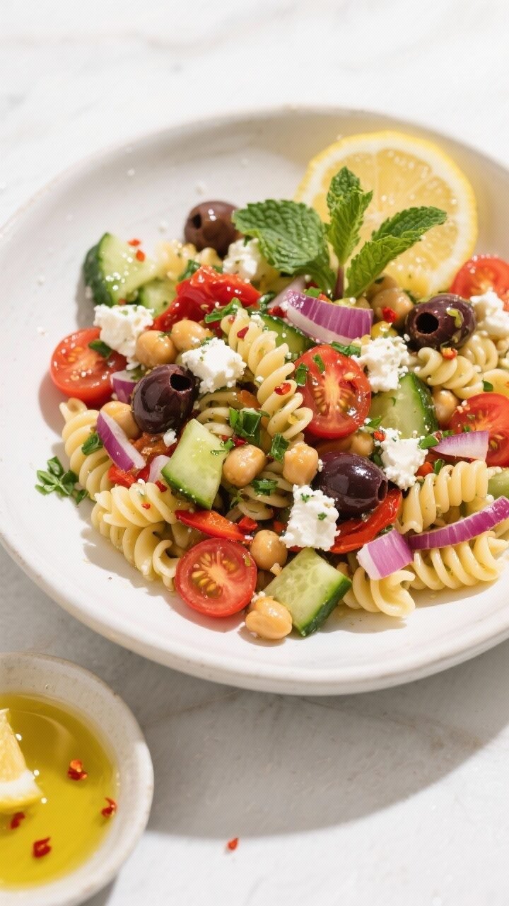 Final plated overhead: Mediterranean Chickpea Pasta Salad in a wide white ceramic bowl, showcasing c