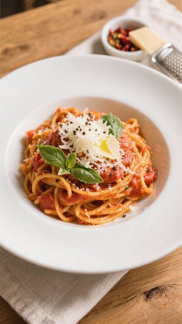 Final plated overhead: Overhead shot of twirled one-pot tomato pasta nested in a wide, white shallow