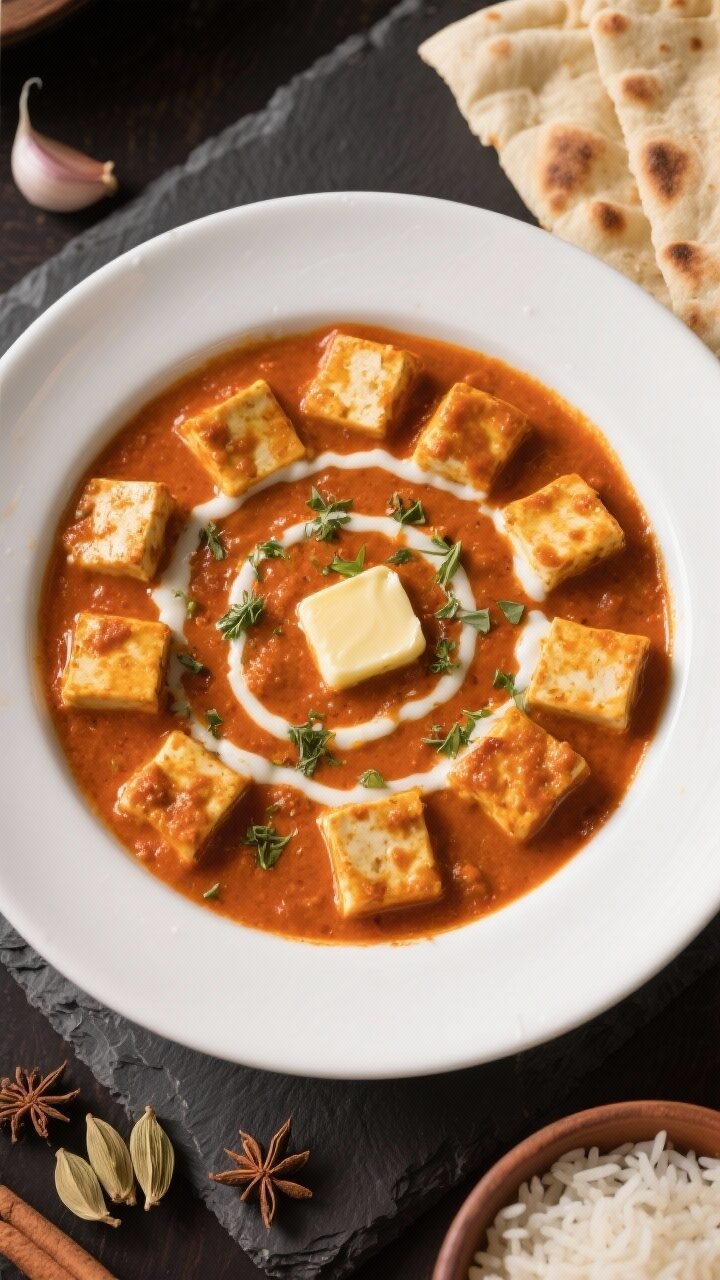 Final plated overhead: Restaurant-style paneer butter masala served in a low, wide white bowl, gloss