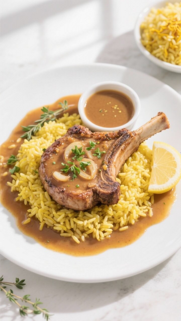 Final plated overhead: Smothered pork chops over a bed of fluffy yellow rice (turmeric-tinted, disti