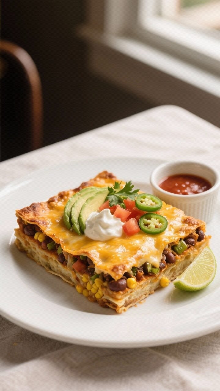 Final plated, tasty top view: Overhead shot of a neatly sliced square of vegetarian taco casserole s