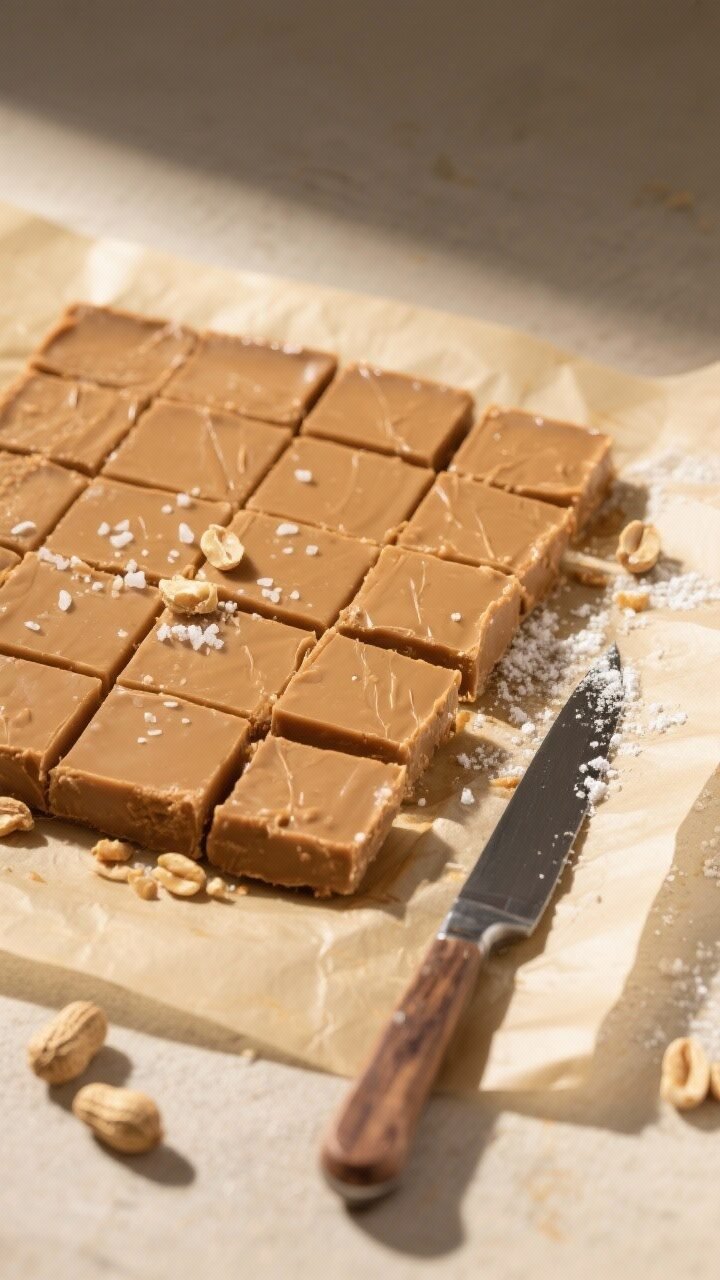 Final presentation overhead: A parchment-lined 8-inch slab of classic peanut butter fudge lifted out
