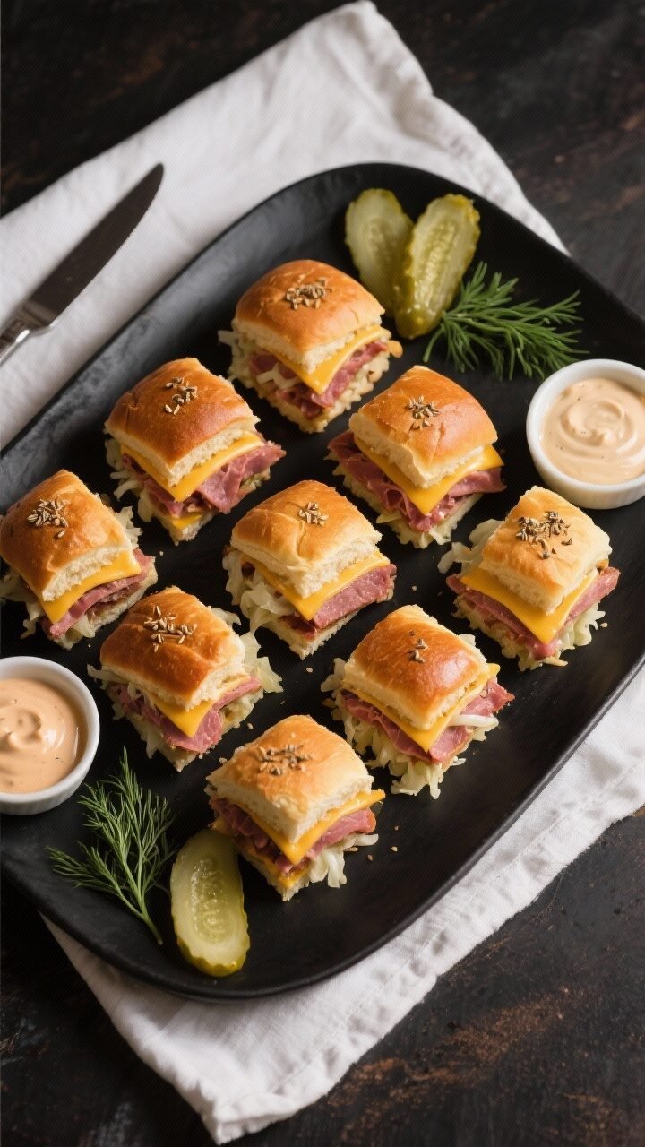 Final presentation overhead: Tasty top-down shot of neatly sliced Mini Reuben sliders arranged in a 