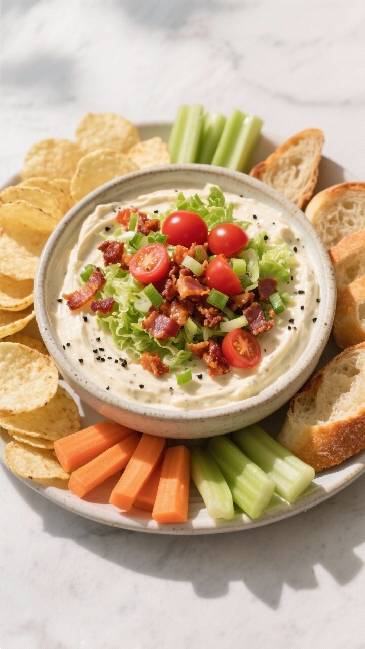 Final presentation overhead: Top-down shot of the assembled Cheesy BLT Ranch Dip in a wide, shallow 