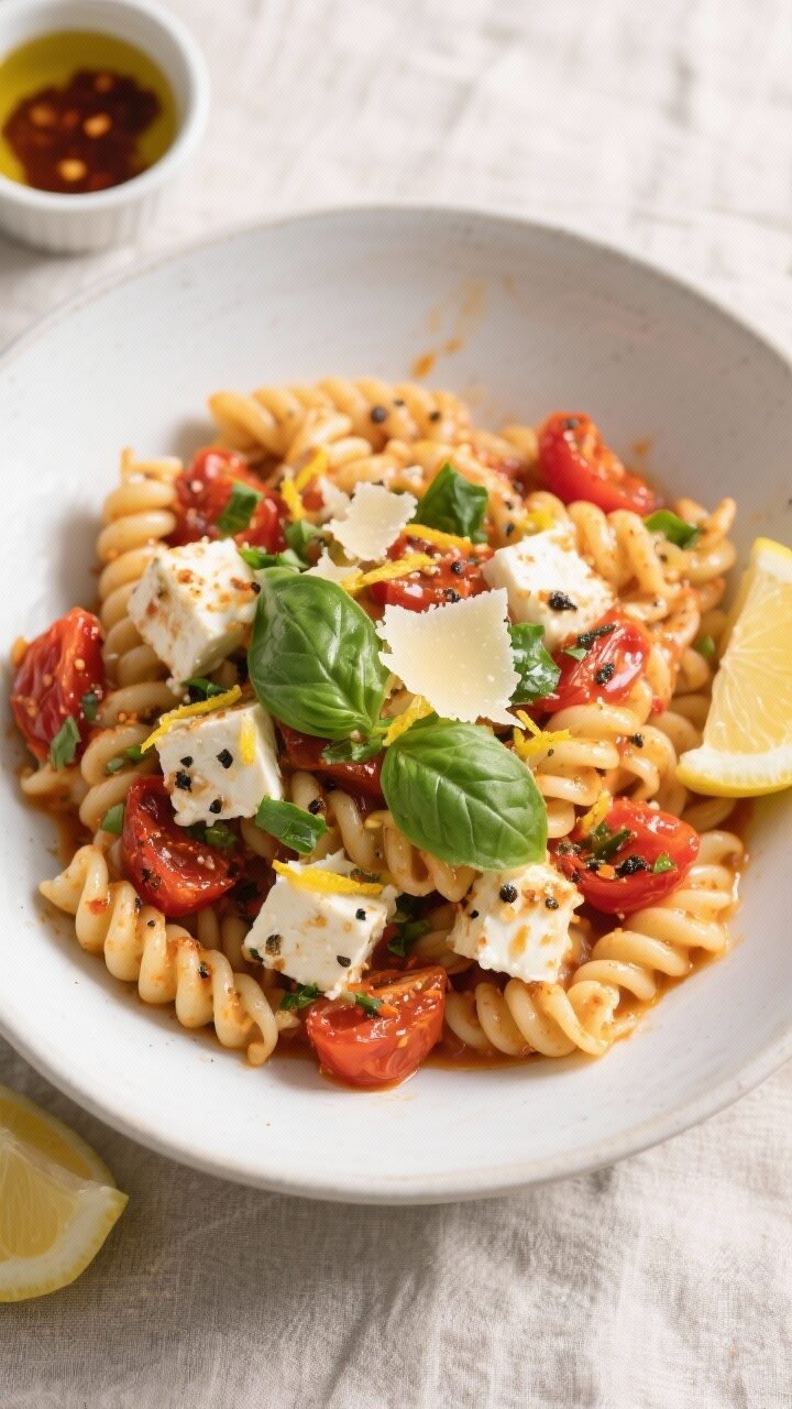 Overhead final dish presentation: Spicy baked feta pasta (cavatappi) tossed until glossy with emulsi