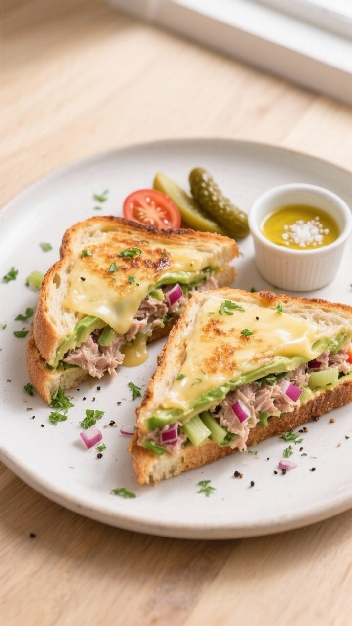 Overhead final presentation of sliced avocado tuna melts on a matte white plate, each half revealing