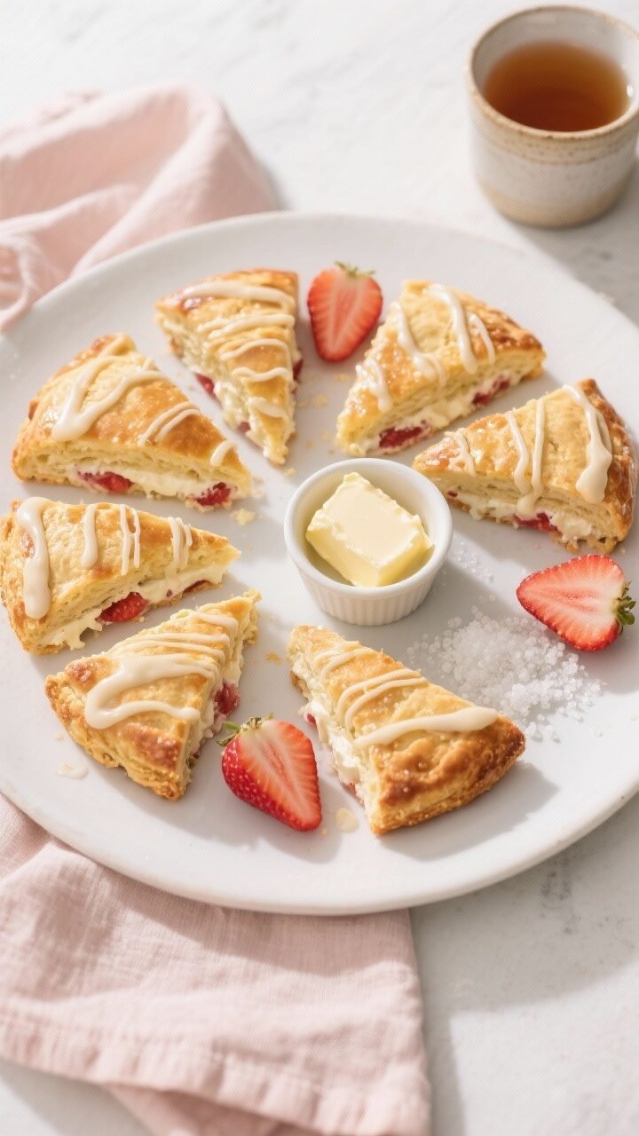 Overhead final presentation of sliced strawberry cream cheese scones arranged in a circle on a matte