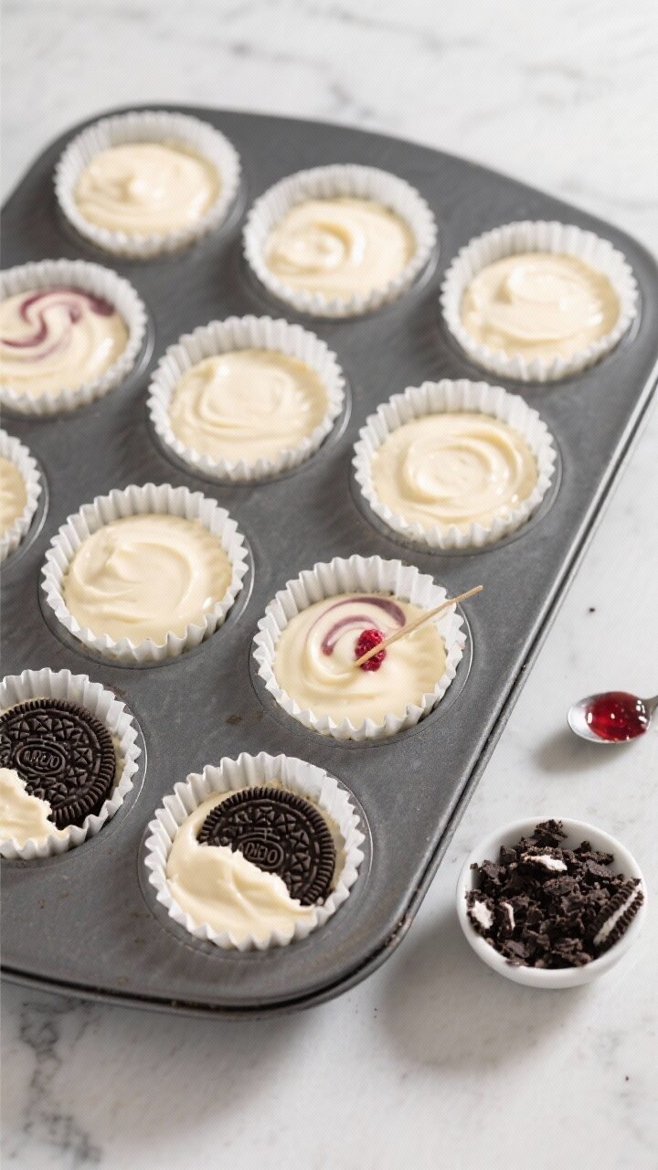 Overhead process shot: A 12-cup muffin tin lined with white paper liners, each holding a whole Oreo 