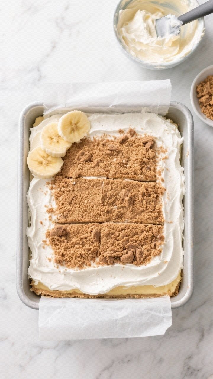Overhead process shot of the assembled pan just before chilling: an 8x8 parchment-lined pan filled w
