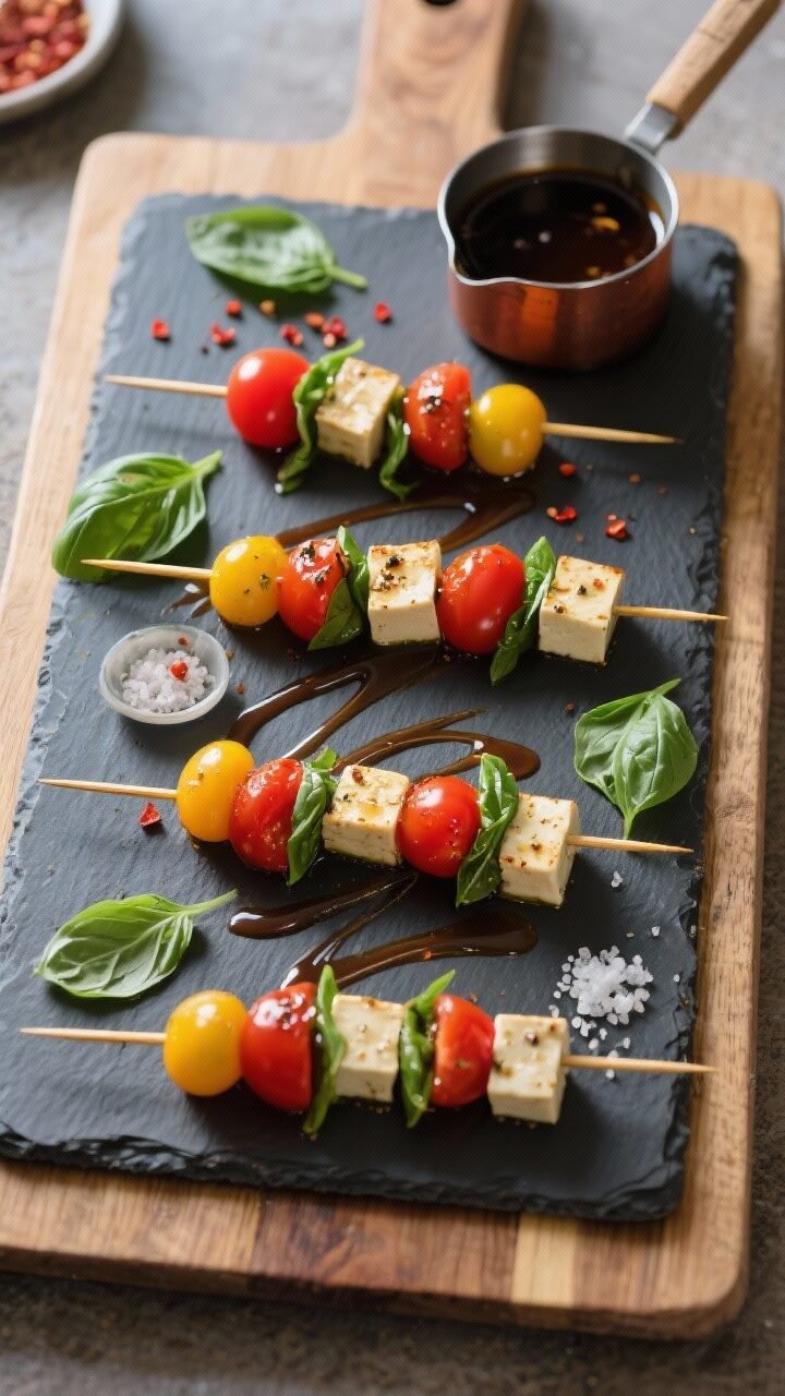 Overhead process-to-serve shot: A of an assembly board with neatly arranged prepared skewers (no raw
