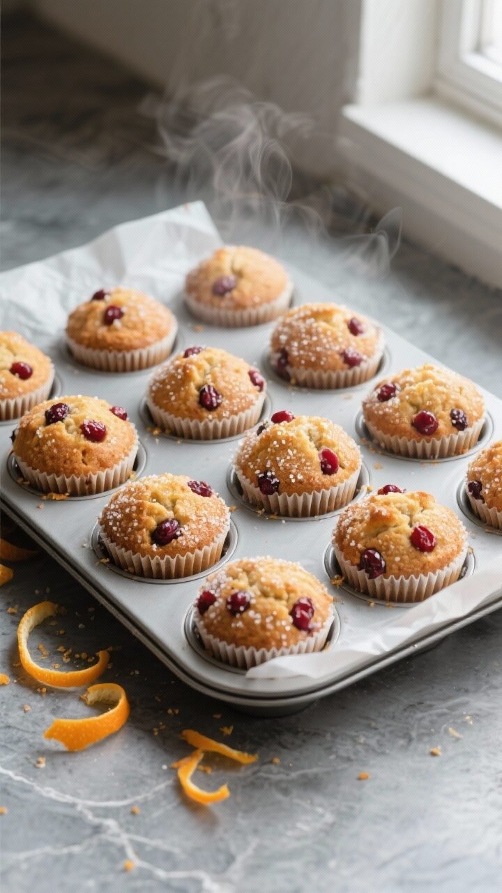 Overhead shot of a 12-cup muffin tin just out of the oven with fully baked cranberry orange muffins,