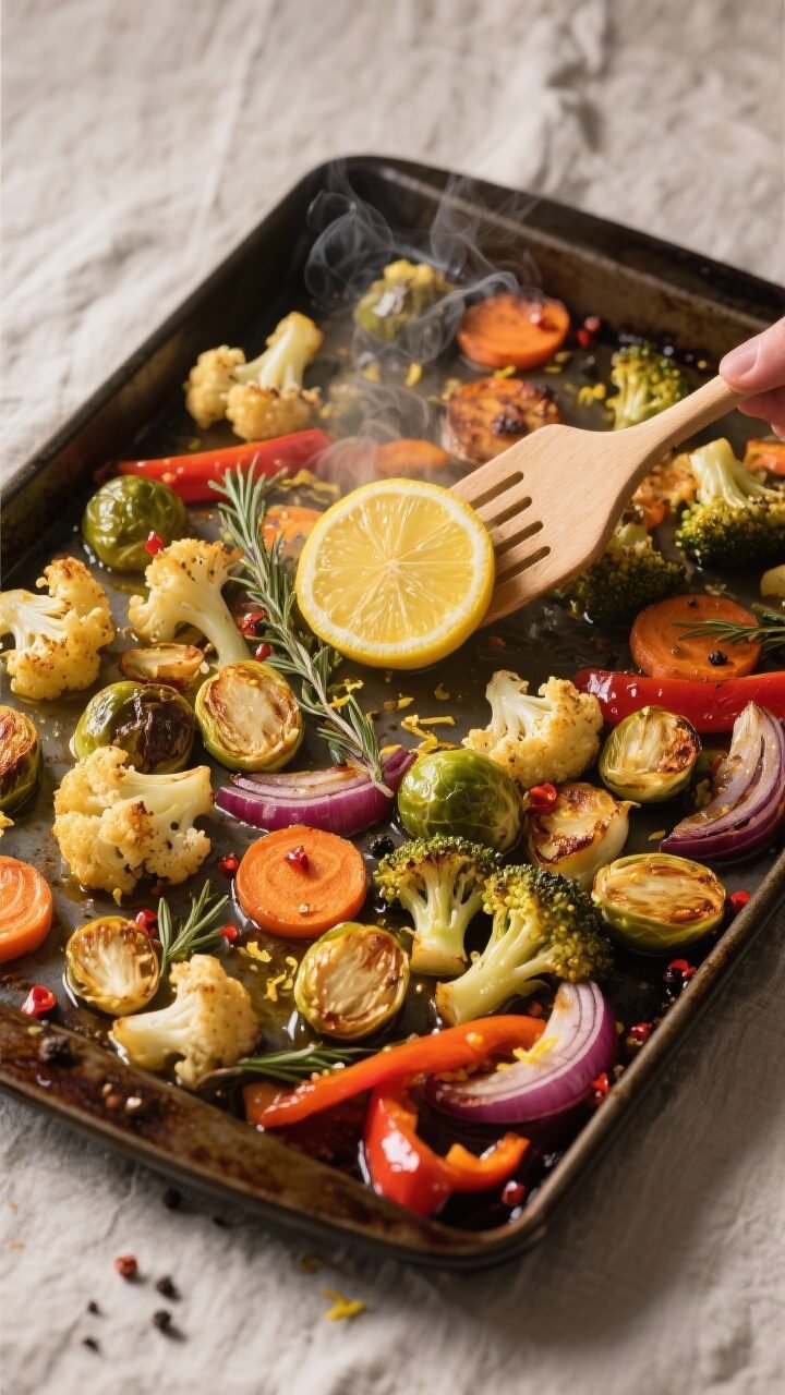 Overhead shot of a hot sheet pan of lemon-roasted vegetables just out of the oven: deep golden brocc