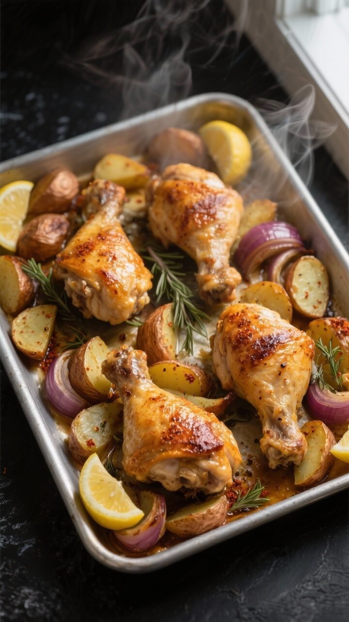 Overhead shot of a just-out-of-the-oven sheet pan of classic baked chicken and potatoes: four golden