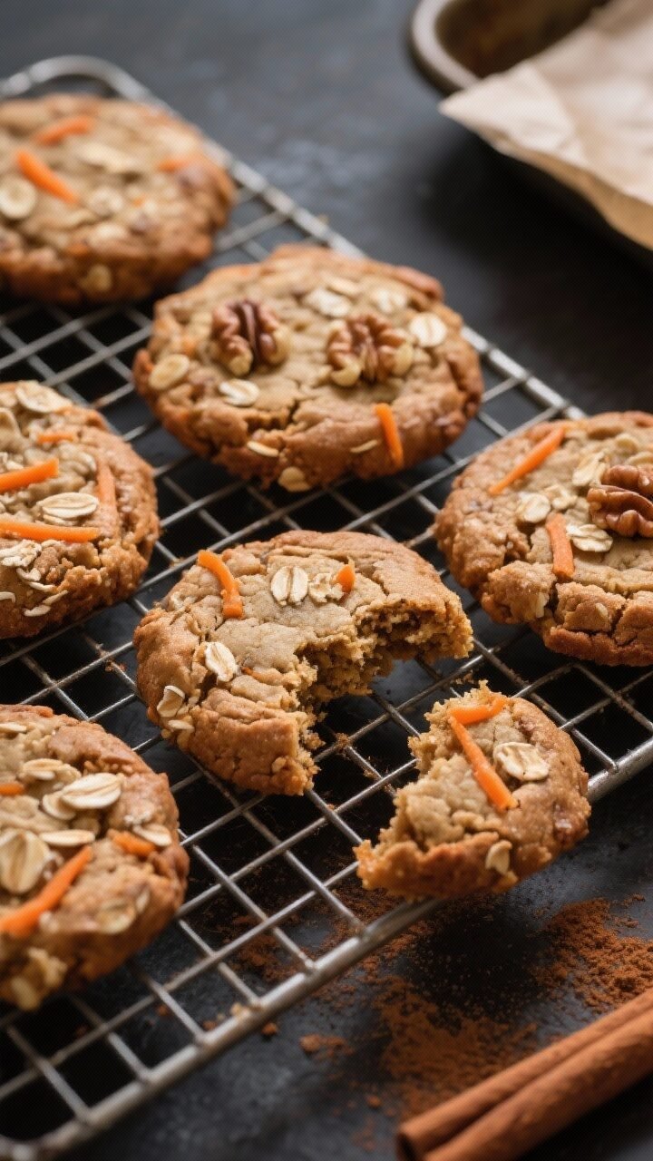 Overhead shot of freshly baked carrot cake cookies cooling on a wire rack, unfrosted but set with cr