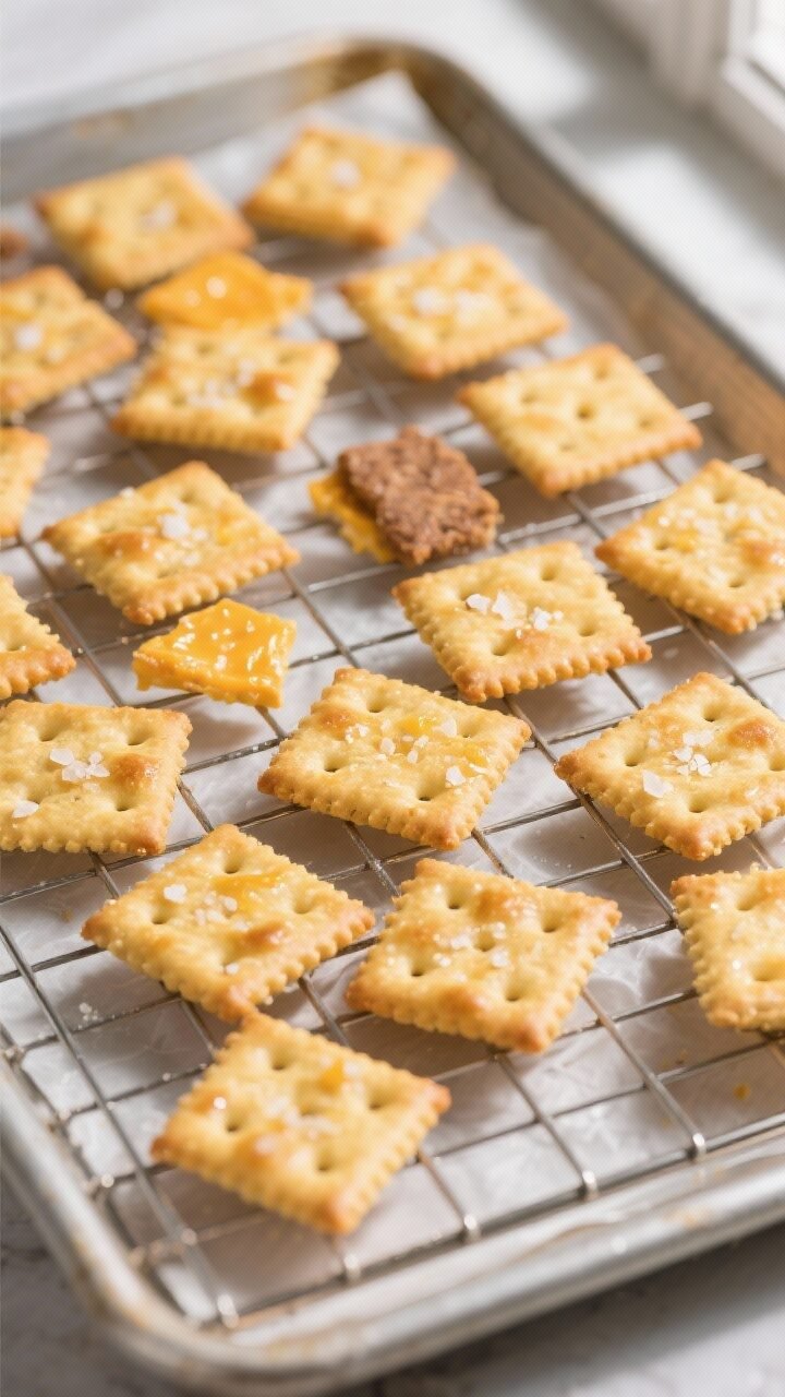 Overhead shot of freshly baked homemade cheddar cheese crackers cooling on a wire rack, golden edges