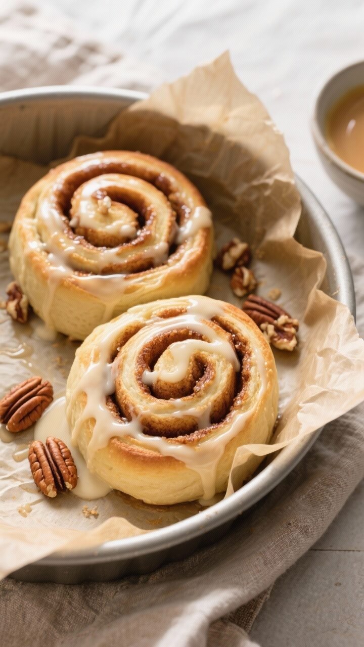 Overhead shot of freshly baked no-yeast cinnamon rolls in a 9-inch round cake pan, rolls puffed and 