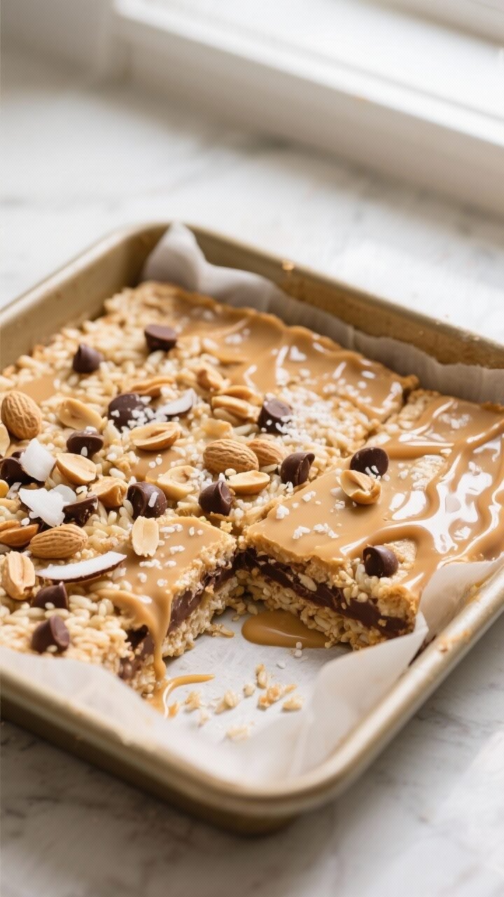 Overhead shot of Peanut Butter Rice Cake Magic Bars just out of the oven in an 8x8 parchment-lined p
