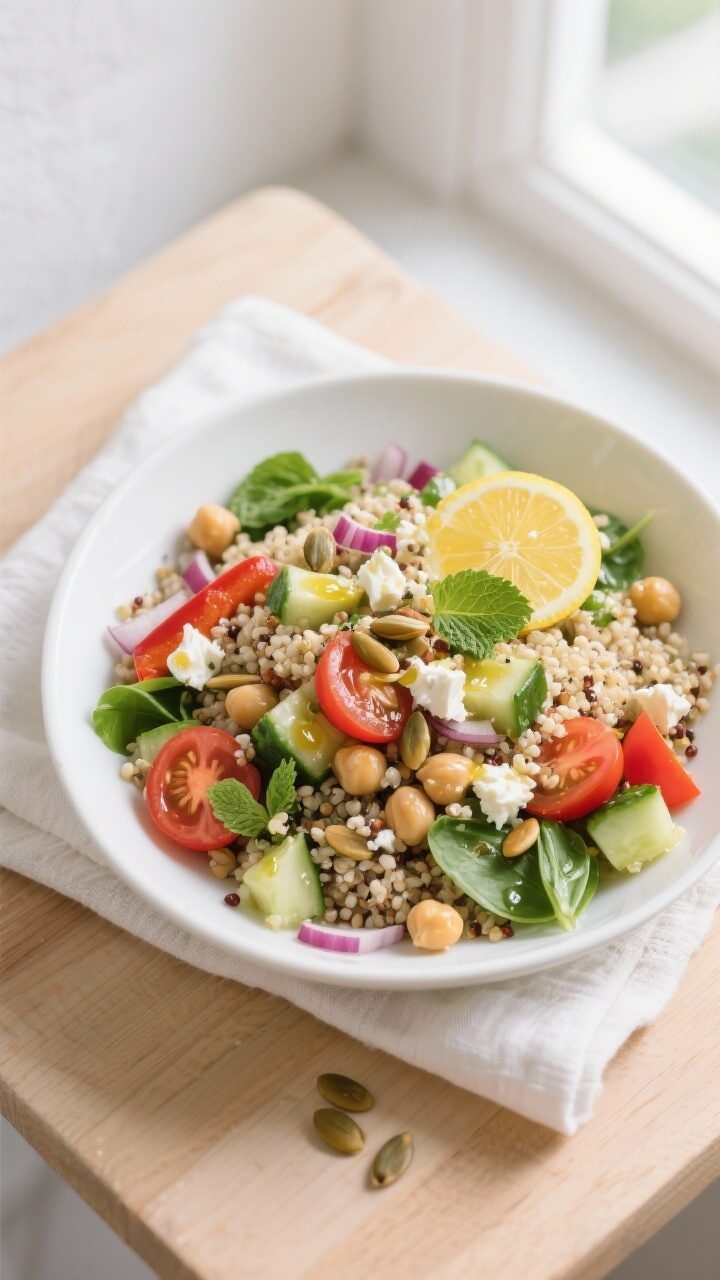 Overhead shot of the finished high-protein quinoa salad in a wide, shallow white bowl: fluffy cooled