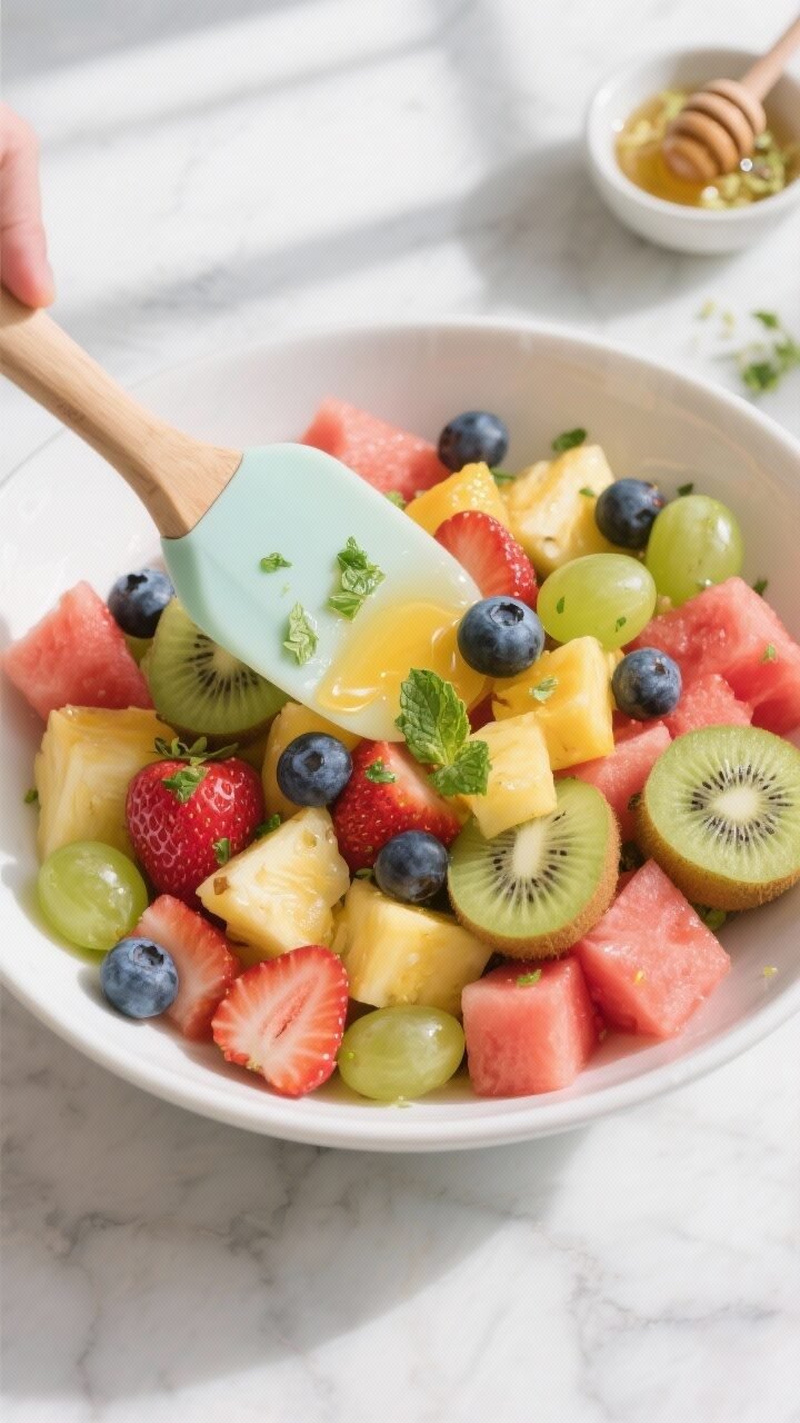 Overhead shot of the prepared chopped fruit salad being gently tossed with a wide silicone spatula i