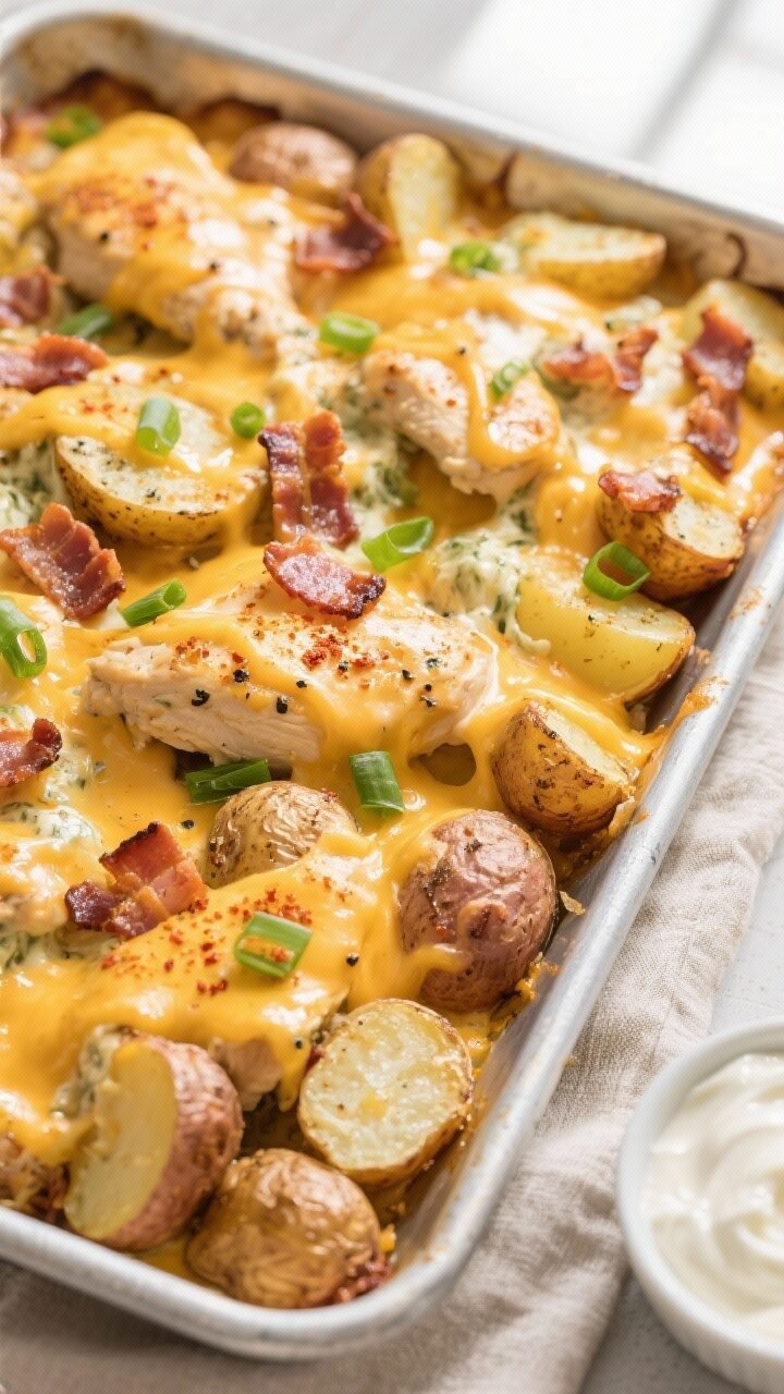 Overhead shot of the Ranch Chicken Potato Bacon Bake just after the cheese has melted: golden-brown 