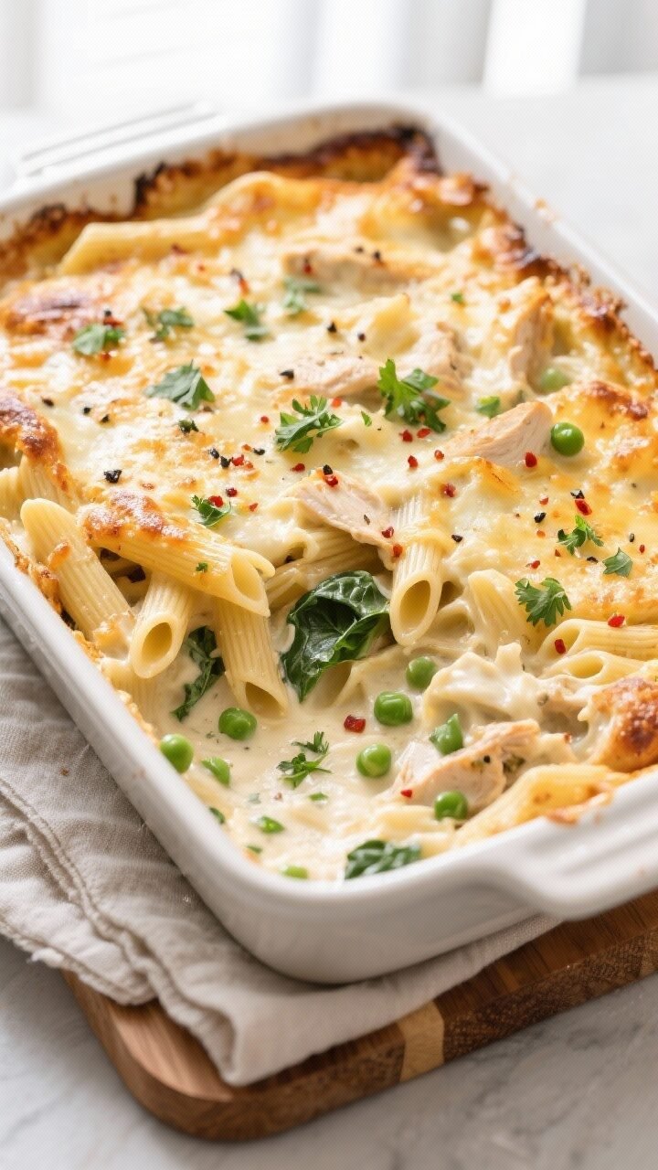 Overhead shot of the Rotisserie Chicken Alfredo Pasta Bake just out of the oven in a 9x13 baking dis