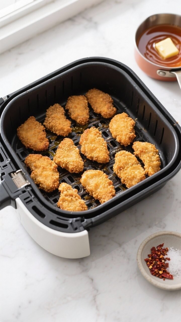 Tasty top view and process: Overhead shot of golden-brown breaded chicken nuggets arranged in a sing