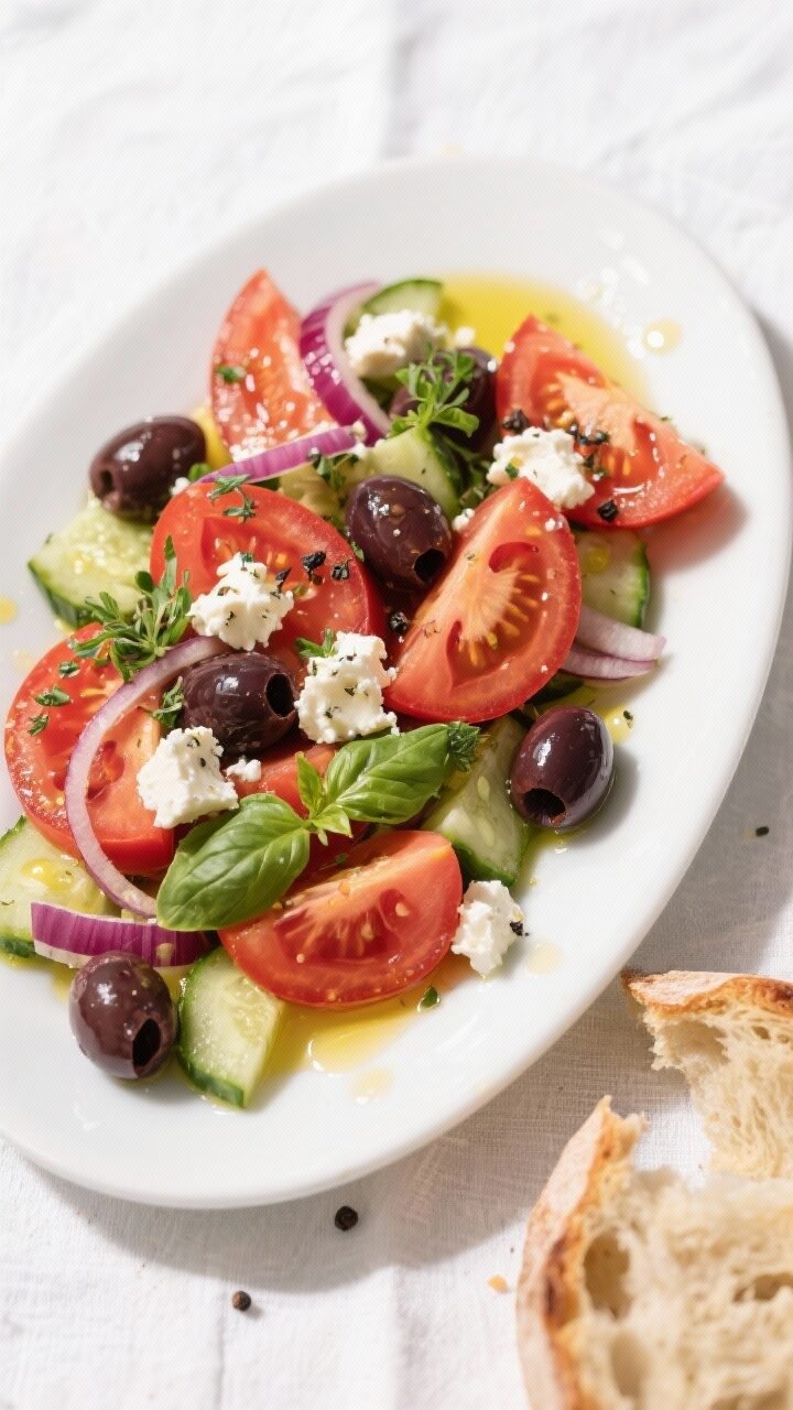 Tasty top view final presentation: Overhead shot of the finished Mediterranean Tomato Salad with Fet
