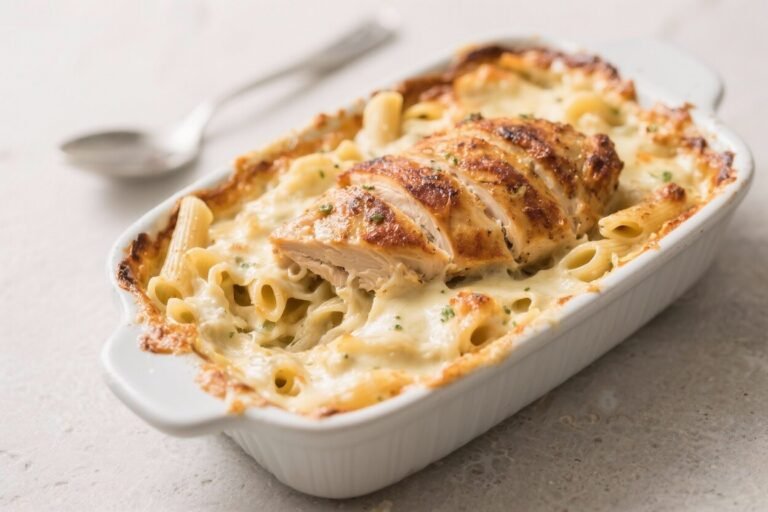 Rotisserie Chicken Alfredo Pasta Bake – Creamy, Comforting, and Weeknight Easy