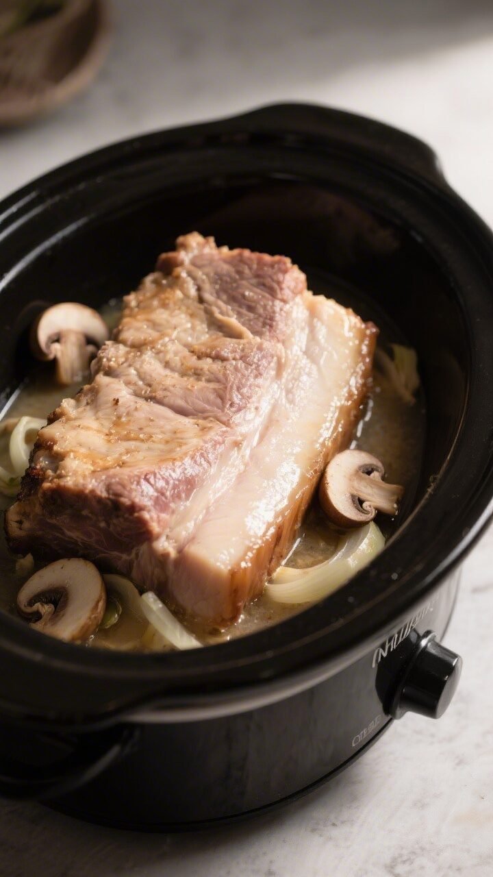 5 inch-thick pork; a few softened sliced mushrooms and onions peeking through as an optional variati