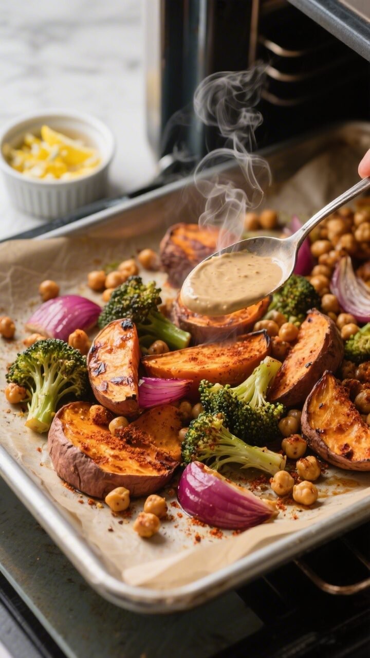 Close-up cooking process shot of roasted vegetables coming out of the oven: sheet pan lined with par