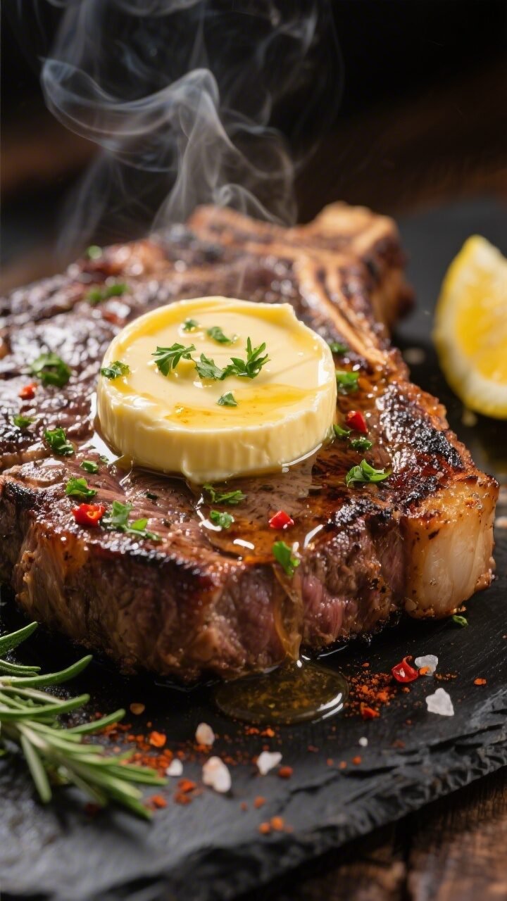 Close-up detail: A sizzling medium-rare ribeye just off the grill with a thick coin of Garlic Herb C
