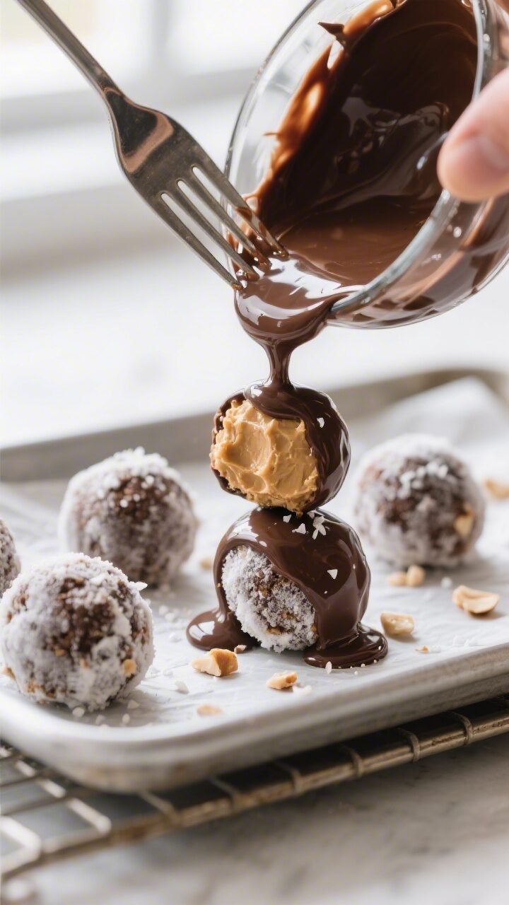 Close-up detail and process: Frozen peanut butter–Cool Whip truffle balls being dipped in glossy, 